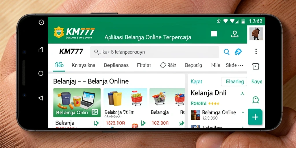 Screenshot antarmuka KM777 yang menampilkan berbagai produk Belanja Online.