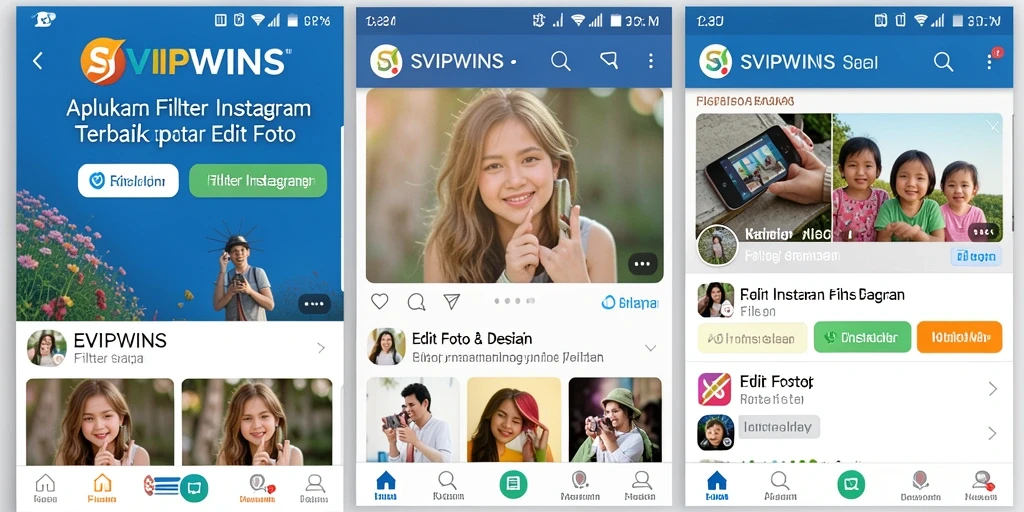 Tampilan aplikasi SVIPWINS dengan pilihan filter Instagram yang beragam.